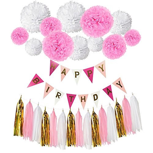 Happy Birthday Girlande Set, Wartoon Habby Birthday Alles Gute Zum Dekoration Deko Geburtstag Girlande Quasten Girlande Geburtstag und Pompoms Quaste für Geburtstag Dekoration(Rosa und Weiß)