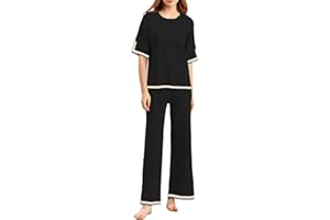 MTROTE HXUE - Conjunto de moda de dos piezas para mujer - Jersey de punto de manga corta dividida en contraste + pantalón ancho elástico de cintura alta