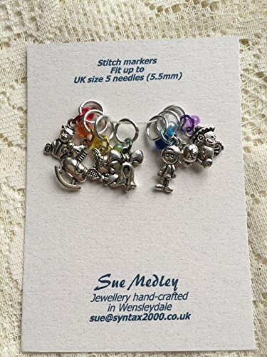 ONE ONLY, children and their toys etc themed stitch markers for knitting, crochet or both, charms, beads, clasps and rings, one set on a storage pin