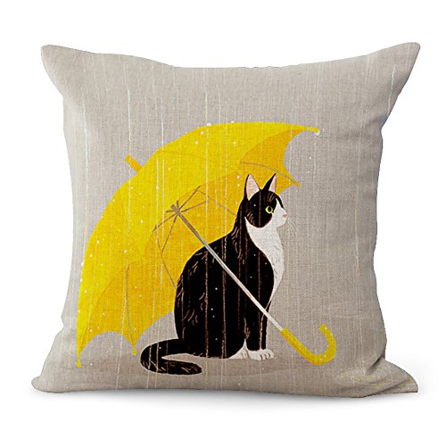 Funda de almohada, zeato Funny lovely animales abstracto Adorable [gato bajo paraguas] manta de lino y algodón cuadrado Funda de almohada decorativa sofá fundas de cojín para oficina en casa 18 "x 18"