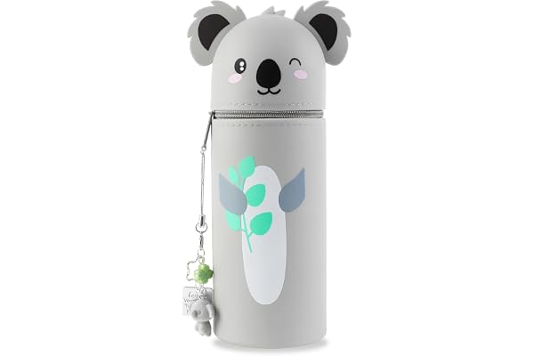 Lvjkes Trousse Silicone, Trousse Cute 2 en 1, Cartoon Stand Up réglable, Durable et Facile à Nettoyer, Convient aux Enfants, Fille, garçon et Adolescents (Koala-Feuilles)