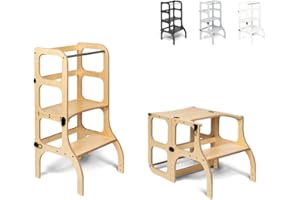 Ette Tete STEP'n'SIT® • Montessori Helper Tower - Table • Convertible 2-in-1 (With black clasps, Wooden)