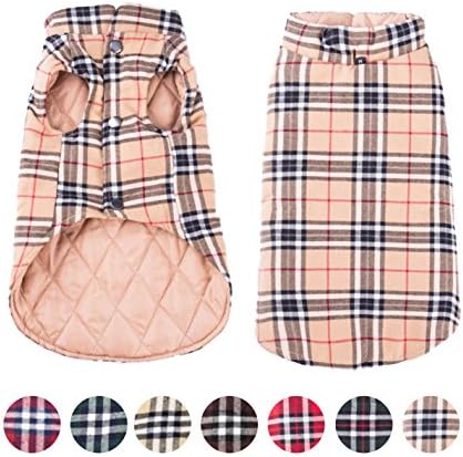 FishBabe Pet Reversible British Style Grid Jacket Vest Cold Weather Padded Warm Check Coat For Dogs With Harness Hole Cream-Button Small