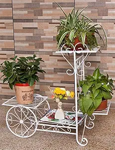 Piscina Marche Spanish 2 Wheel 4 Pot Stand Iron Plant Stand/Pot Stand (4 Pot Holder White) 36 x 30 x 12 (Inch)