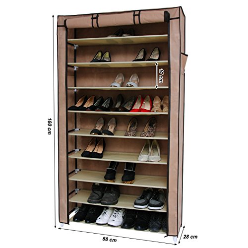 Songmics XXL 10 Schicht staubdichtes Schuhregal für ca. 45 paar Schuhe Schuhschrank Regale 88 x 28 x 160 cm hellbraun RXJ36K - 4