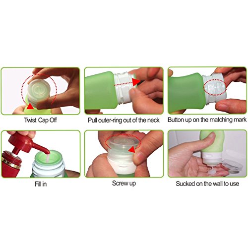 Pure Vie® Silikon Reise Flaschen Set mit Kulturbeutel – 4 Stück / 37ml – Farbige Fläschchen mit Saugnapf und Transparenter Flugzeug Kulturtasche für Handgepäck, Kein Auslaufen, Kosmetiktasche mit Reiseflaschen für Shampoo, Creme, Spülung und Körperpflege - 6