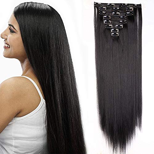 26" Hair Extensions Clip in 8 Pieces Full Head Natural Synthetic Hairpieces - Natural Black(Straight,Length:66cm,Weight:140g)