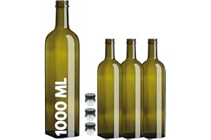 acquaverde | 3 Bottiglie Marasca in Vetro Scuro Uvag, Bottiglia Quadra per Olio e Liquore, 1000 ml con Tappo Dosatore