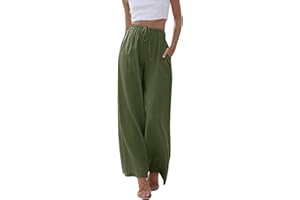 CMTOP Femme Pantalon Fluide et Lin Taille Haute Casual Larges Plissé Décontracté élastique avec Poches été Grande Les Loisirs Le Travail