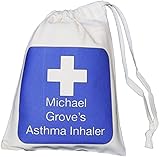 Personalised - Inhaler & Small Spacer Bag - Blue Cross Design - 14x20cm Natural Drawstring Bag - EMPTY