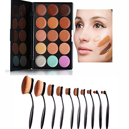 Neverland 10 Pcs Tooth Brush Shape Oval Makeup Brushes Foundation Contour Powder Eyebrow Blush Eyeshadow Brush Set + 15 Colors Concealer