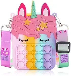 PLUSPOINTPop Shoulder Bag Fidget Toys, Simple Pop It Backpack Toys, Popper Pop It Purse, Popper Push Bubble Fidget Sensory Stress Release Toys for Kids, Silicone Purse for Girls (Rainbow) (Unicorn Pouch)