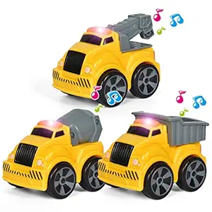 EDTara 3Pcs Kids Cartoon Light Music Pull Back Engineering Car Toys