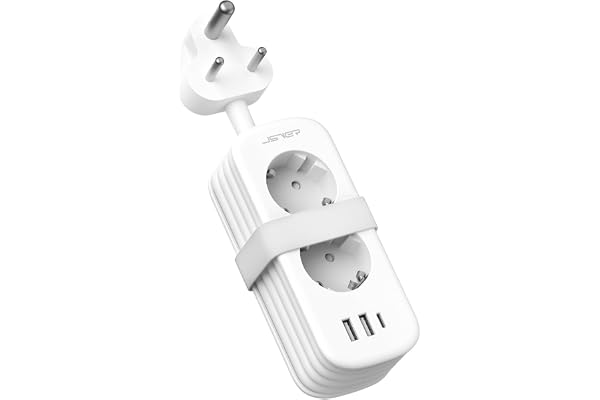 JSVER Sydafrikansk Reseadapter med 2 Kontakter och 3 USB-laddningsportar (1 C och 2 A), 5-i-1-Reseadapter med 1,5 m Omlindningskabel från SE - Sydafrika(Vit)