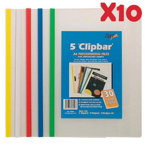 Tiger A4 Clip Bar File (30 Sheet Capacity) Document Presentation Folder Colour Pack of 5 Trade Discount Super Saver X10 (50 Clip Bar Files) Save 20%