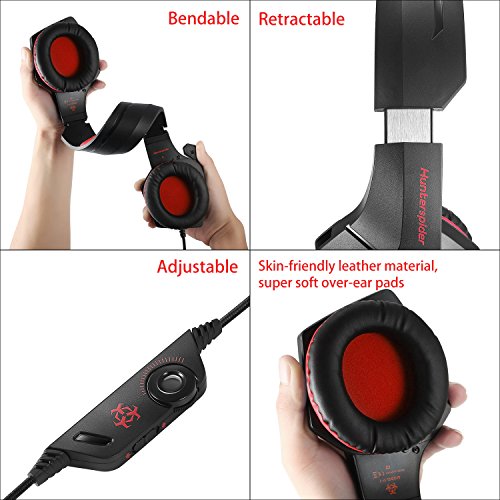 Auriculares gaming TENSWALL para PS4 o PC  serie Hunterspider  Cascos Gaming con cable y LED para PC  Auriculares de diadema con micr  fono y puerto Jack de 3 5 mm  Cascos con sistema de control de volumen y cancelaci  n de ruido compatible con Xbox One  Nintendo Switch  PC  Laptop  Tablet  M  vil  etc   Negro Rojo 