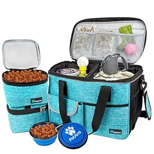 PetAmi Pet Travel Bag | Airline Approved Tote Organizer with Multi-Function Pockets, Food Container Bag and Collapsible Bowl | Perfect Dog Travel Set (Sea Blue, Small)