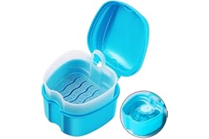 Denture Case, Denture Cup with Strainer, DERDOUT Denture Bath Box False Teeth Storage Box with Basket Net Container Holder for Travel, Retainer Cleaning (Light Blue)