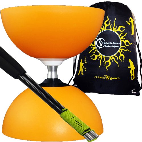 Henrys "Circus Free Hub" Avec Roulement Billes (Orange) Large Axe Pro Diabolo Set avec Pro Baguettes en CARBONE, Ficelle Diabolo +Flames N Games Sac de Transport.