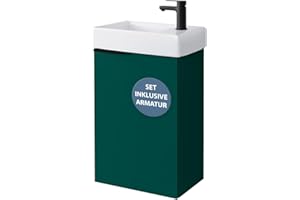 ‎PLANETMÖBEL Planetmöbel Waschtisch mit Unterschrank 40 cm Waschbeckenunterschrank, Badmöbel-Set mit Waschbecken für kleine Bäder, Gäste WC, Wald grün (inkl. Armatur schwarz matt)