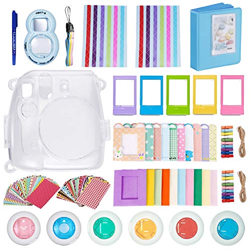 Followsun 10 in 1 Accessori per Fujifilm Instax Mini 8 8+ 9 Includi Custodia per Fotocamera, Album, Obiettivo Selfie, 6 Filtri Colorati, Cornice per Tavolo, Cornice per Parete, Adesivi (Trasparente)