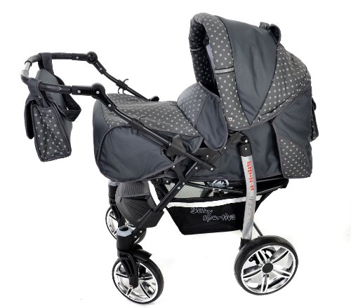 Baby Sportive X2, 3 in 1 Kombikinderwagen set – incl. Kinderwagen mit Zubehör, Babyschale und Sportwagen Aufsatz. System mit Schwenkräder. Reisesystem Farbe: Grau und Punktmuster - 2