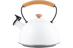 FLORINA Bouilloire en acier inoxydable NATURA (2,3 l) | Bouilloire sifflante avec poignée en bois | Sifflet automatique | Bouilloire pour plaque à induction, gazinière et plaque électrique | Blanc