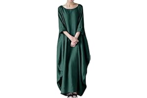 ZEIAYUAS Cotton Linen Dress Maxi Kaftan Dresses for Women UK Plus Size 3/4 Sleeve Long Dress Baggy Casual Summer Shirt Dresses Boho Beach Party Sundress Plain Basic Tunic Dress Office Work