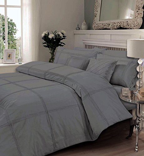 AR'S Luxury Quality Embroidered Hamlet Duvet/Quilt Cover Bedding Set With Pillowcases in Single, Double, king & Super King Sizes (Single, Grey)