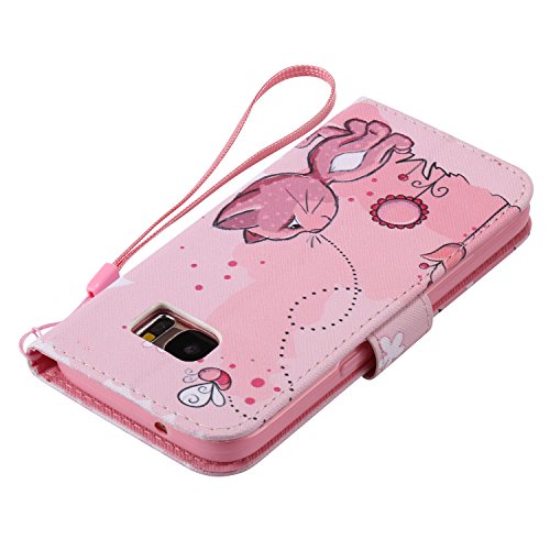 Feeltech Samsung Galaxy S7 Hülle PU-Leder und Brieftasche Bunte Muster Fall mit Magnetverschluss, Hybrid-Kickstand mit Stand-Funktion, schlagen Sie schützende weiche TPU Stoßstangenabdeckung und Kreditkartenhalter für Samsung Galaxy S7 Handgelenk Bügel-Buch-Art-Geldbeutel-Tasche mit 2 In 1 Berühren Sie Stift – Rosa Katze - 7