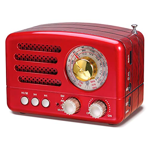 [Actualizado] J-160 Radio de Transistor portátil pequeña, Altavoz Bluetooth portatil Radio Retro con batería Recargable de 1800mAh, USB Incorporado, Micro-SD, Entrada AUX (Rojo)