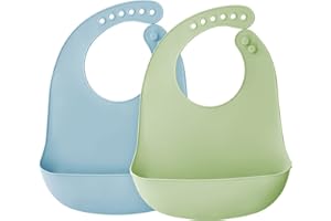 Airfish Lot de 2 Bébé Bavoir Silicone imperméables, Bavoir pour les Repas Silicone Souple Bavoir Ajustable Enfant Waterproof Bavoir Repas Sans BPA