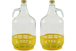 Firmadigaranzia srl SET 2 x Damigiana, Fiasco, Bottiglie di Vetro, da 5 l, con Chiusura a Tappo VITE e cestello - Dama Vetro 5L per Acqua Vino Olio - BOCCIONE Vetro per STOCCAGGIO