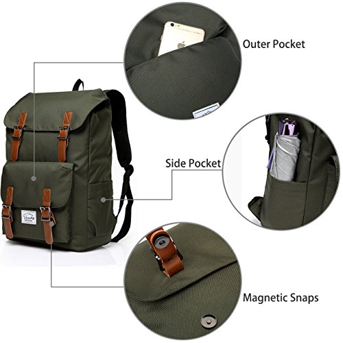 VASCHY Rucksack Laptop Vintage Schulrucksack Jungen L  ssiger Draussen Wandern Rucksack Wasserabweisend Rucksack 15 6 Zoll Laptop -Gr  n