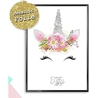 Personalisiertes Bild Einhorn mit Katzenohren & Wimpern mit oder ohne Rahmen | Name in silberfarbener Metallic Effekt Folie