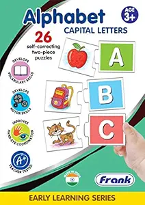 Frank Alphabet Capital Letters Puzzle ? 52 Pieces, 26 Self-Correcting 2-Piece Puzzles, Early Learner Educational Jigsaw Puzzle Pair Set with Images | Ages 3 & Above | Educational Toys and Games