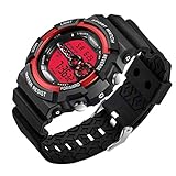 Armbanduhr Mens Edelstahl LED Digital Datum Wasserdicht Chenang Sport Armee Quarzuhr Sanda elektronische Uhr Herren Digitale Wasserdichte militärische Uhren Sportuhr mit Wecker (Rot)