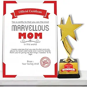 Jhingalala Printed Best Mom Certificate with Trophy | Gift for Mother, Birthday Gift for Mom, Certificate for Best Mom, Gift for Mom Birthday, Gift for Mothers Day (Size: A4, 30 x 21 cm, Unframed)