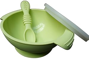 HOUSE OF LUXX 3 Piece Silicone Suction Weaning Set, with Bowl, Spoon, Lid Baby Weaning BPA-Free (SAGE Green)