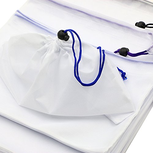 btsky wiederverwendbar Umweltfreundlich waschbar Mesh erzeugen Aufbewahrungsbeutel Kordelzug Taschen Einkaufstaschen, Multicolor/White, 12 Stück - 5