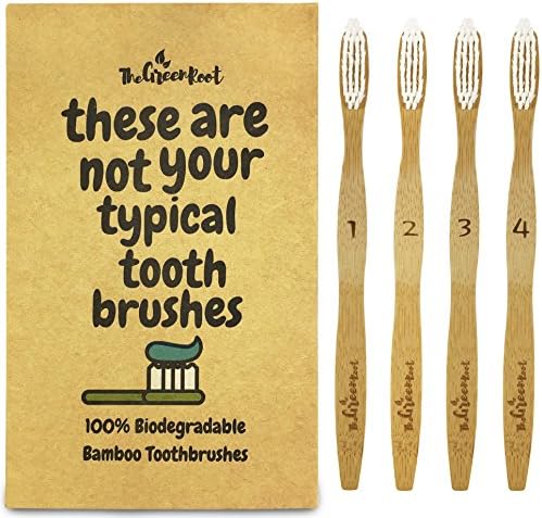 Bamboo Toothbrush W/ 15 Degree Angle &amp; Soft BPA Free Nylon Bristles - 100% Organic and Biodegradable Wooden Toothbrush For Adults - Pack Of 4 Best Toothbrushes For Sensitive Gums