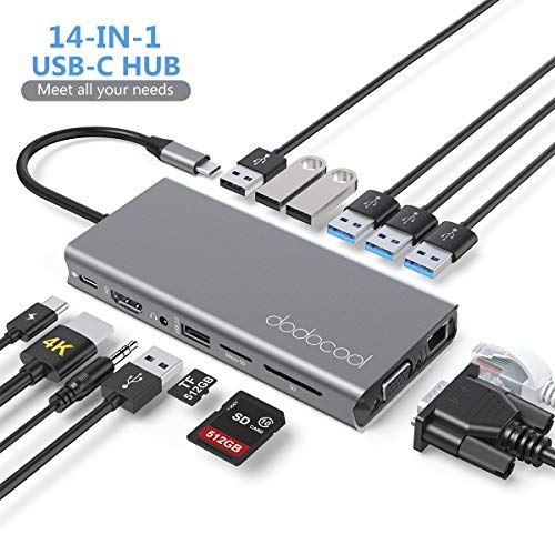 dodocool Hub USB C, Adattatore Tipo C HUB 14 in 1 con 4K HDMI/VGA/PD/Ethernet RJ45, SD/TF/3.5mm Audio, 3 USB 3.0, 4 USB 2.0, per MacBook PRO/Air/Surface Go/Huawei P20/30 e Laptop Windows Type C