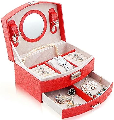 AnchengKAO Jewellery Box Gift Storage Case Jewelry Box Girl Jewelry Organizer Mirror Mini Suitcase Can Lock White for Girls Necklace Watch Display (Color : Red)