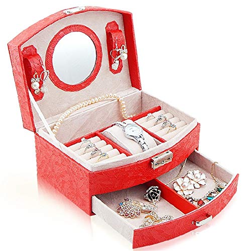 Preisvergleich Produktbild Wuxingqing Schmuckkästchen Spiegel-Mini-Koffer kann weiße Schmuckschatulle Girl Jewelry Organizer sperren (Farbe : Rot)