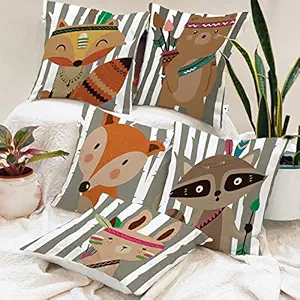BRICK HOME Funky Animals Printed Canvas Cotton Cushion Cover, 18x18 Inches, Set of 5 with Filler