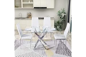 GOLDFAN Set Tavolo da Pranzo Classico in Vetro Temperato con Gambe Cromate Tavolo da Cucina Moderno e Quattro Sedie in PU per Sala da Pranzo (110 x 70 cm) (Bianca)