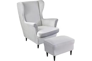 AQIGR Velvet Wingback Chair Slipcover i Footstool Cover Stretch 2 Pieces Wingback Chair Cover Set Ottoman Slipcover i 1 Piece Rectangle Storage Stool Cover Armchair Covers with Elastic Bottom (Color : #10