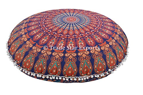 Groß Rund Mandala Kopfkissen 81,3 cm Indischen Boden Kissen, dekorativer Überwurf-, Roundie Pouf Polsterhocker, Boho kissenrollen, POM POM Außenkissenbezug