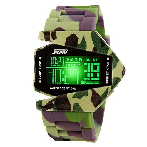 Jungen Kinderuhren 7 LED Licht Uhr Sport Militär Wasserfest Armbanduhr,Alarm Chrono Stoppuhr,Grün Tarnung