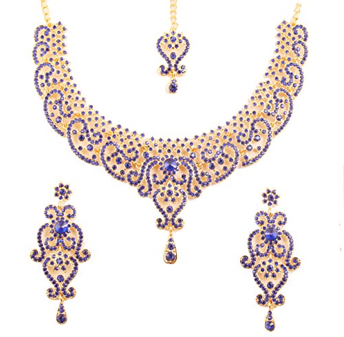 Touchstone Bollywood indien fine filigrane rouge faux grand collier de mariée bijoux ensemble pour femme Blue-1